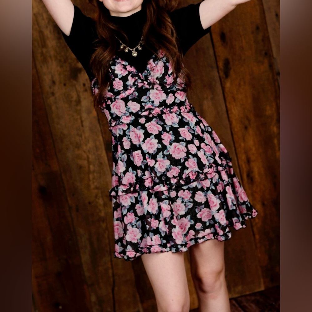 B Darlin Black and Pink Rose Mini Dress size 1/2